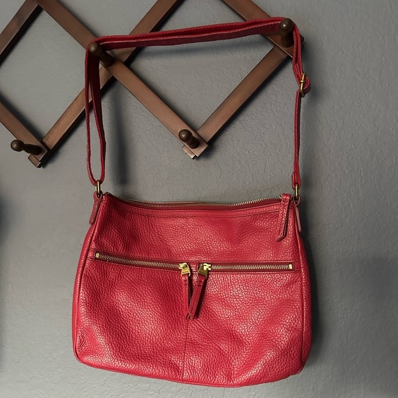 Fossil Handbags - Fossil Elise Red Leather Crossbody Shoulder Bag Gold Zipper